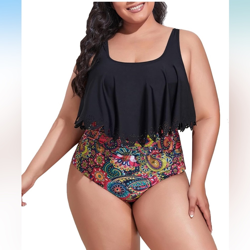 🚘Elegant Black two  Piece Swimsuit with Flouncy Overlay Tankini high waiste